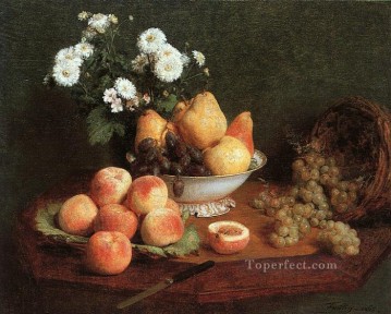 アンリ・ファンタン・ラトゥール Painting - テーブルの上の花 果物 1865年 アンリ・ファンタン・ラトゥール